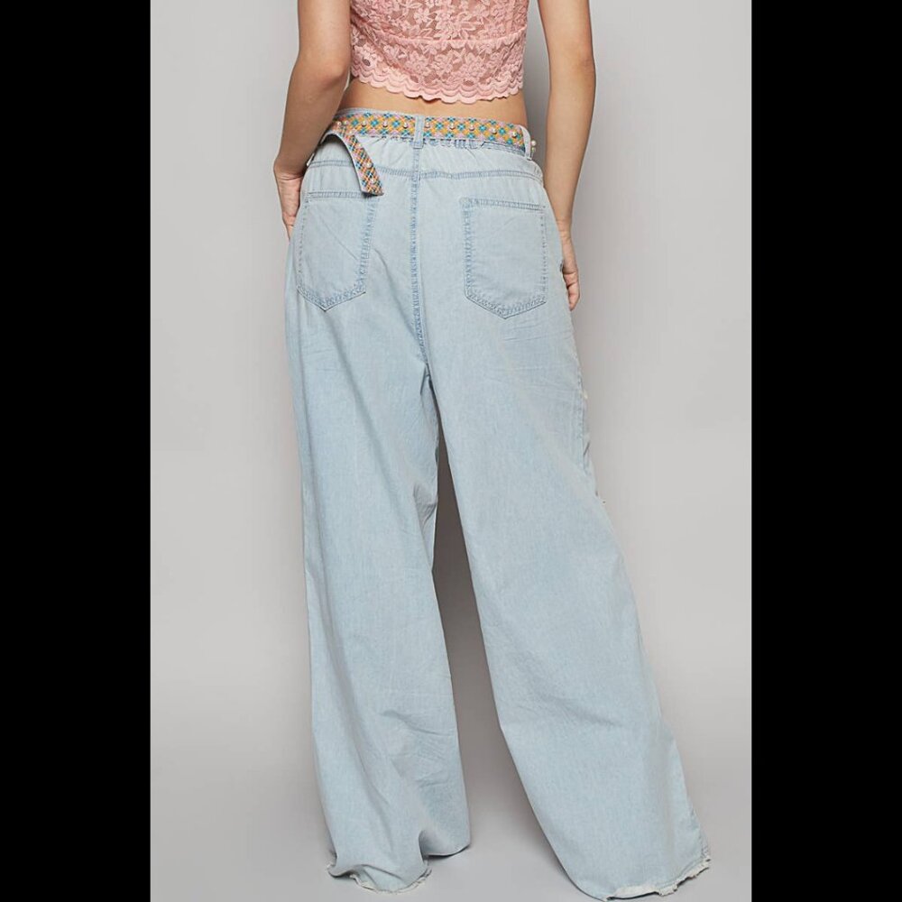 🆕Pol Star Heart Lace Patchwork Blue Denim Wide Leg Pants Size Medium - Picture 2 of 12